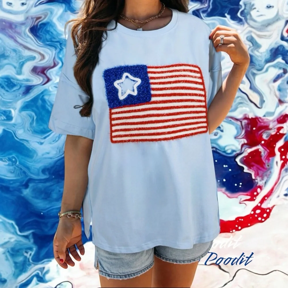 Oversized tinsel American flag tee S M L XL 2XL - Picture 2 of 8